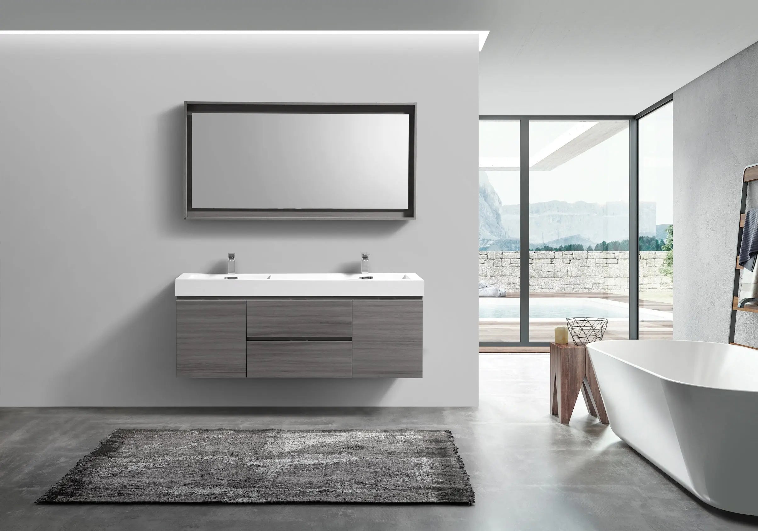 Bliss 60″ Vulcan Ash Grey Wall Mount Double Sink Modern Bathroom Vanity - Plumbing Market