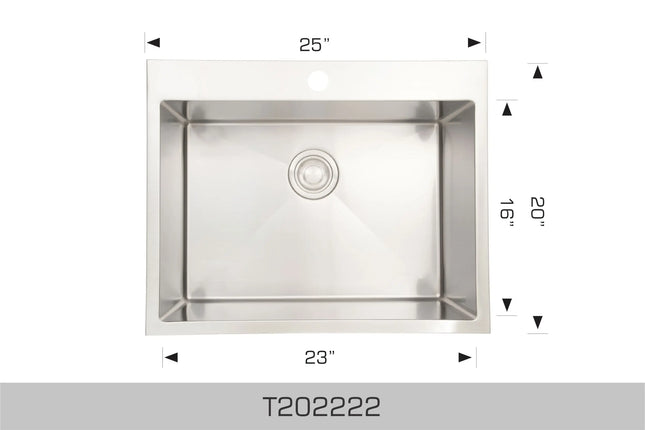 Bosco Deluxe Series 25" x 20" Single Bowl Kitchen Sink Radius Corner T202222 - Plumbing Market