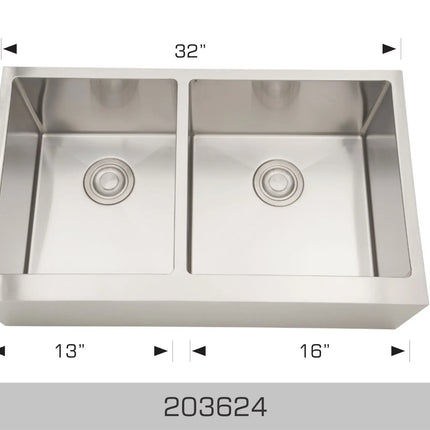 Bosco Deluxe Series 32" x 19" Double Bowl Kitchen Sink Apron Radius Corner 203624 - Plumbing Market