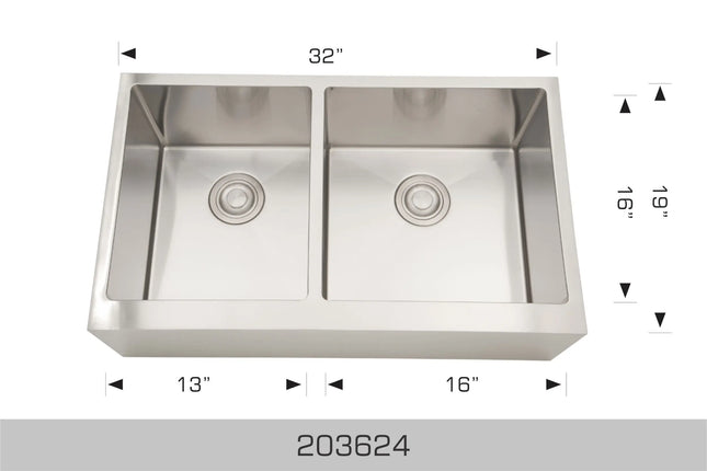 Bosco Deluxe Series 32" x 19" Double Bowl Kitchen Sink Apron Radius Corner 203624 - Plumbing Market