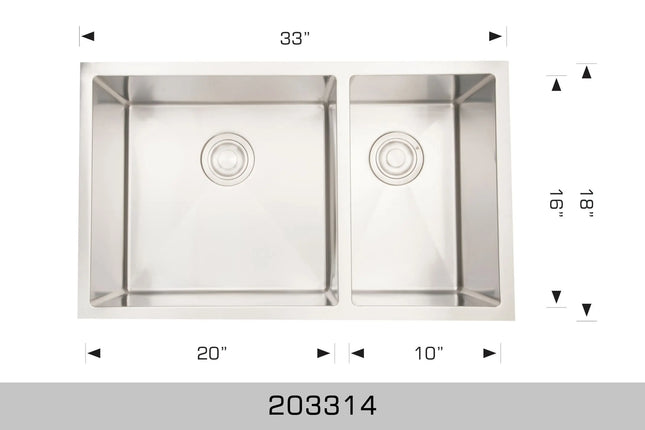Bosco Diamond Series 33" x 18" Double Bowl Kitchen Sink Radius Corner 203314 - Plumbing Market