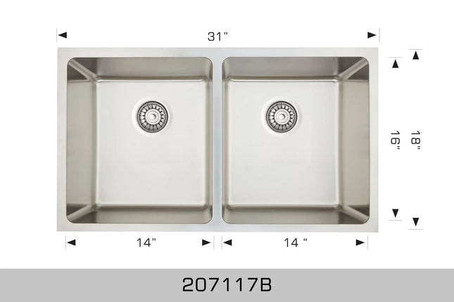 Bosco Standard Series 31" x 18" Double Bowl Kitchen Sink Radius Corner 207117B - Plumbing Market