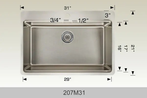 Bosco Standard Series Plus 31" x 21" Single Bowl Kitchen Sink Radius Corner 207M31 - Plumbing Market