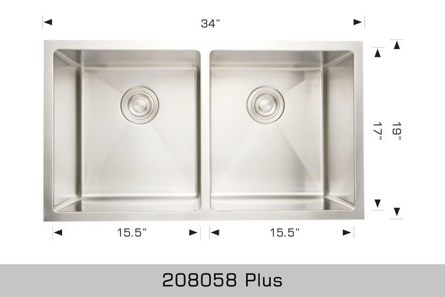 Bosco Standard Series Plus 34" x 19" Double Bowl Kitchen Sink Radius Corner 208058 Plus - Plumbing Market