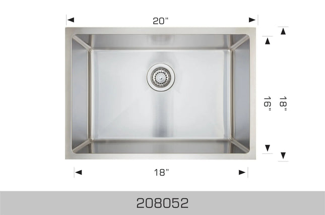 Bosco Super Series 20" x 18" Single Bowl Kitchen Sink Radius Corner 208052 - Plumbing Market