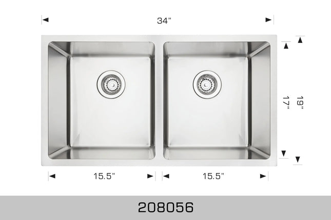 Bosco Super Series 34" x 19" Double Bowl Kitchen Sink Radius Corner 208056 - Plumbing Market