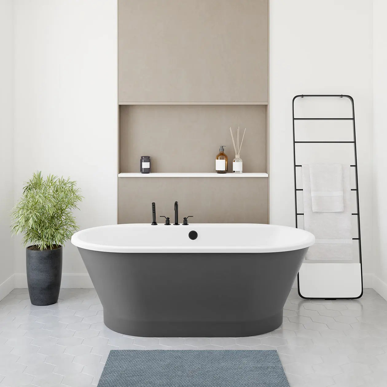 Brioso 6636 AcrylX Freestanding Center Drain Bathtub in White with Thundey Grey Skirt - Plumbing Market