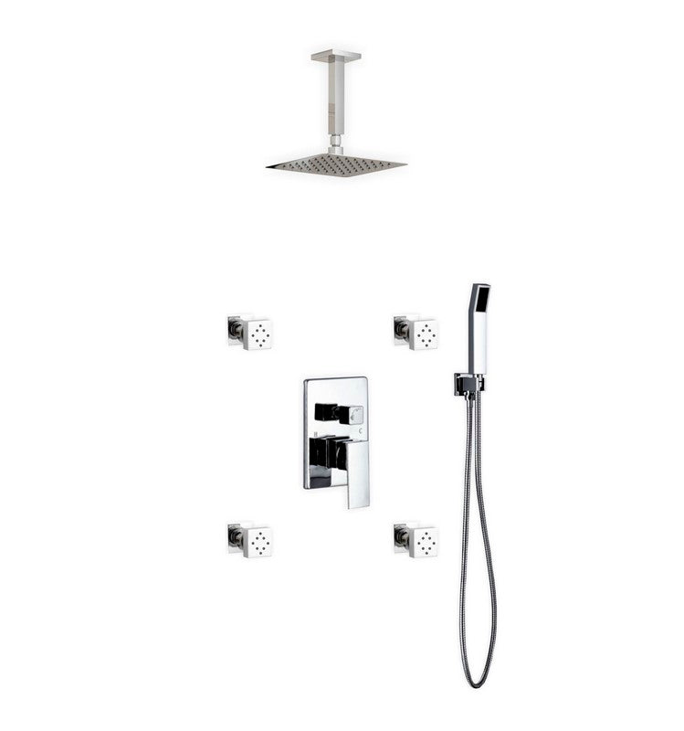 Kube Bath Aqua Piazza Brass Shower Set with 8" Ceiling Mount Square Rain Shower, Handheld and 4 Body Jets - Chrome (CR2004JHH3V)