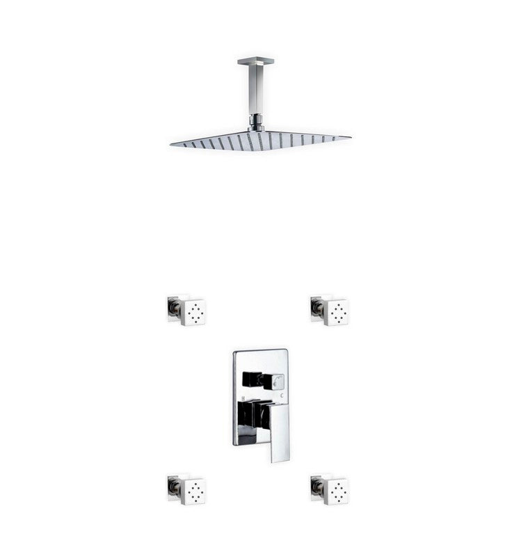 Kube Bath Aqua Piazza Brass Shower Set with 12" Ceiling Mount Square Rain Shower and 4 Body Jets - Chrome (CR3004J2V)