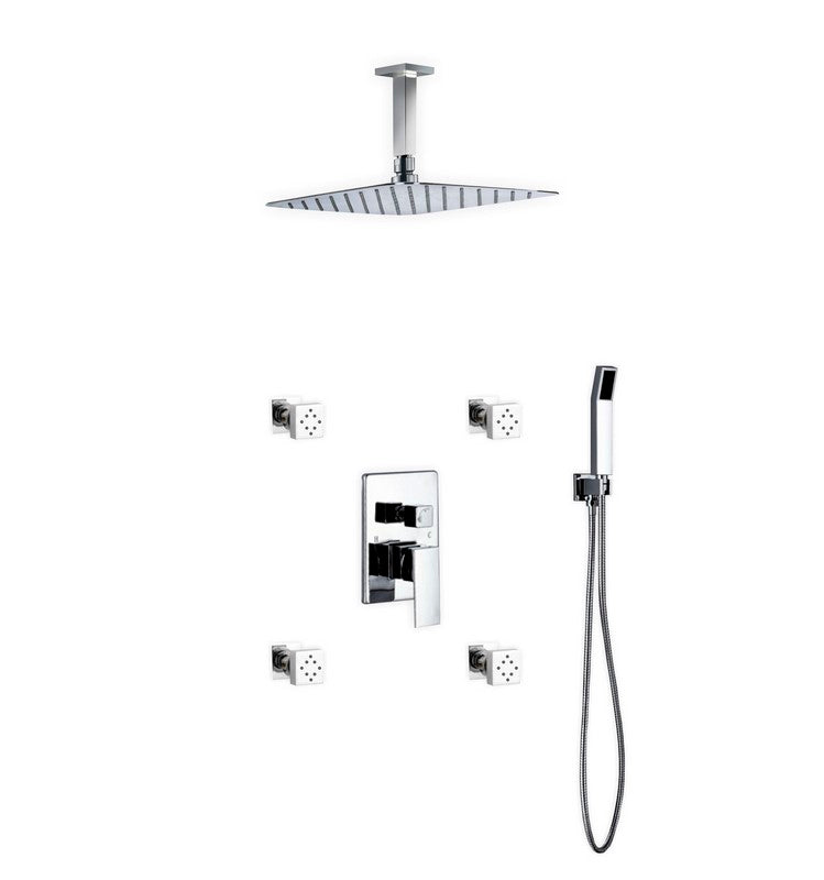 Kube Bath Aqua Piazza Brass Shower Set with 12" Ceiling Mount Square Rain Shower, 4 Body Jets and Handheld - Chrome (CR3004JHH3V)