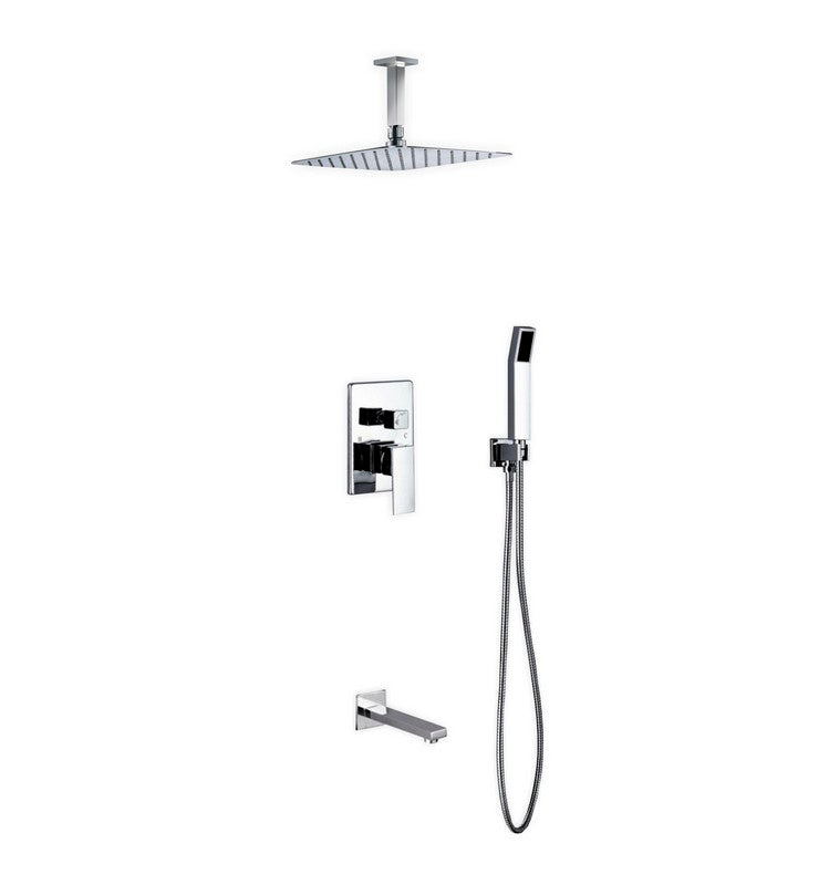 Kube Bath Aqua Piazza Brass Shower Set with 12" Ceiling Mount Square Rain Shower, Handheld and Tub Filler - Chrome (CR300HHTF3V)