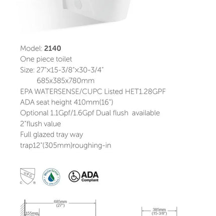 Cleo Milano One Piece Dual Flush Elongated Toilet 1.28 - 1.6 GPF - Plumbing Market