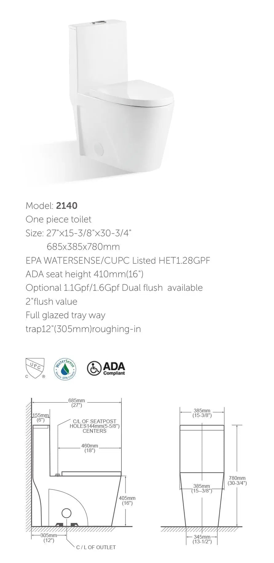 Cleo Milano One Piece Dual Flush Elongated Toilet 1.28 - 1.6 GPF - Plumbing Market