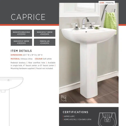 Contrac Caprice Pedestal Sink TOP With Single Hole (Sink Only) - Plumbing Market