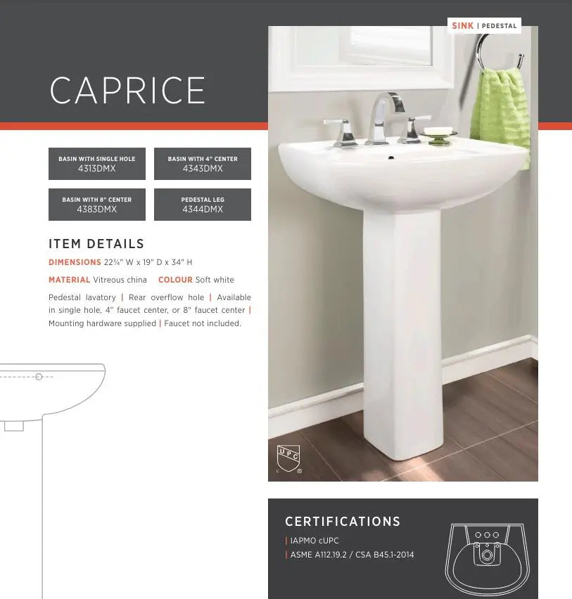 Contrac Caprice Pedestal Sink TOP With Single Hole (Sink Only) - Plumbing Market