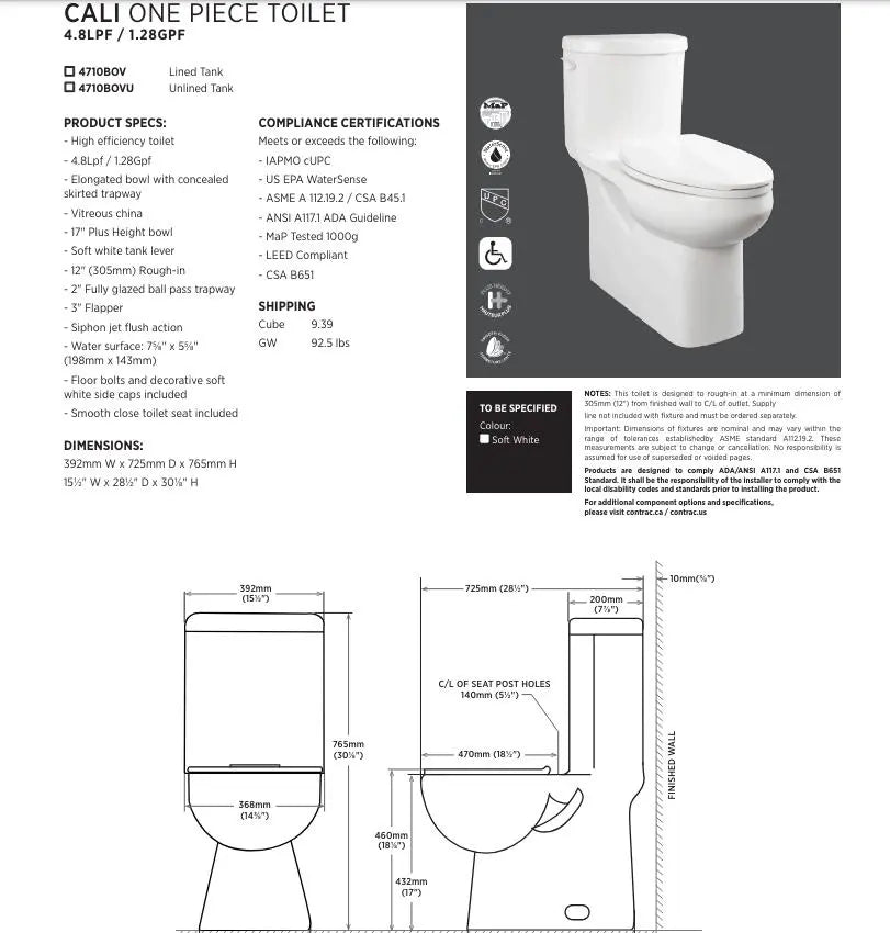 Contrac Wilton Elongated 3.0 LPF One Piece Toilet White Unlined Tank - Plumbing Market