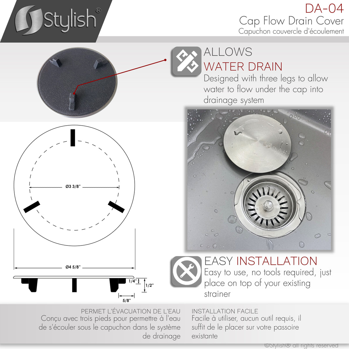 Stylish Cap Flow Strainer Cover Fits Standards 3 1/2" Strainers DA-04