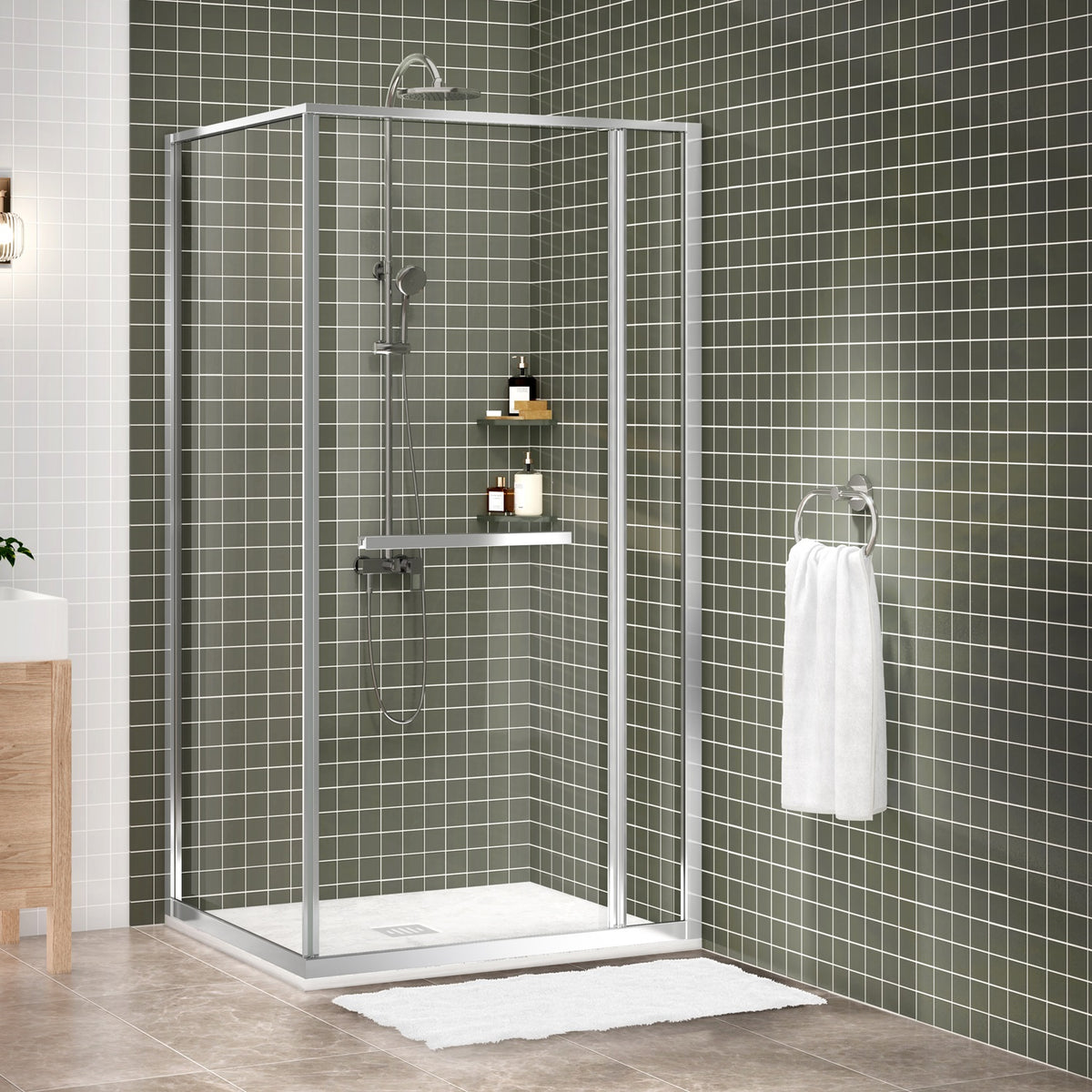 Zitta Flex 2.0 Shower door 42" x 36", in a corner, offset door on the left, in chrome DF24236NREL21