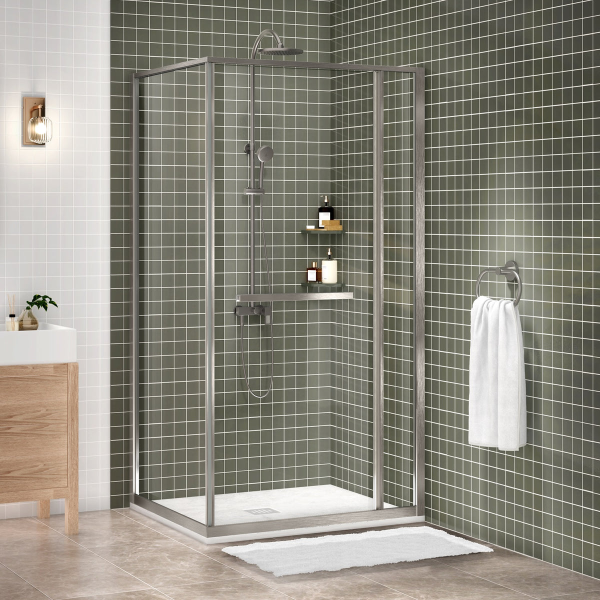 Zitta Flex 2.0 Shower door 42" x 36", in a corner, offset door on the left, in brushed nickel DF24236NREL41