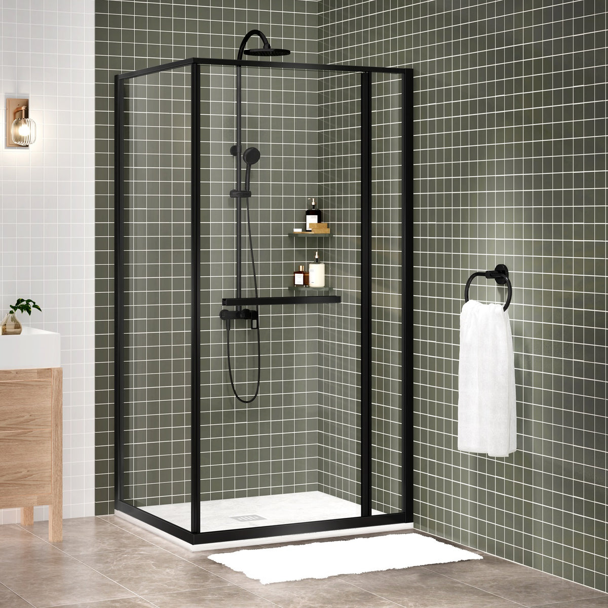 Zitta Flex 2.0 Shower door 42" x 36", in a corner, offset door on the left, in matte black DF24236NREL71