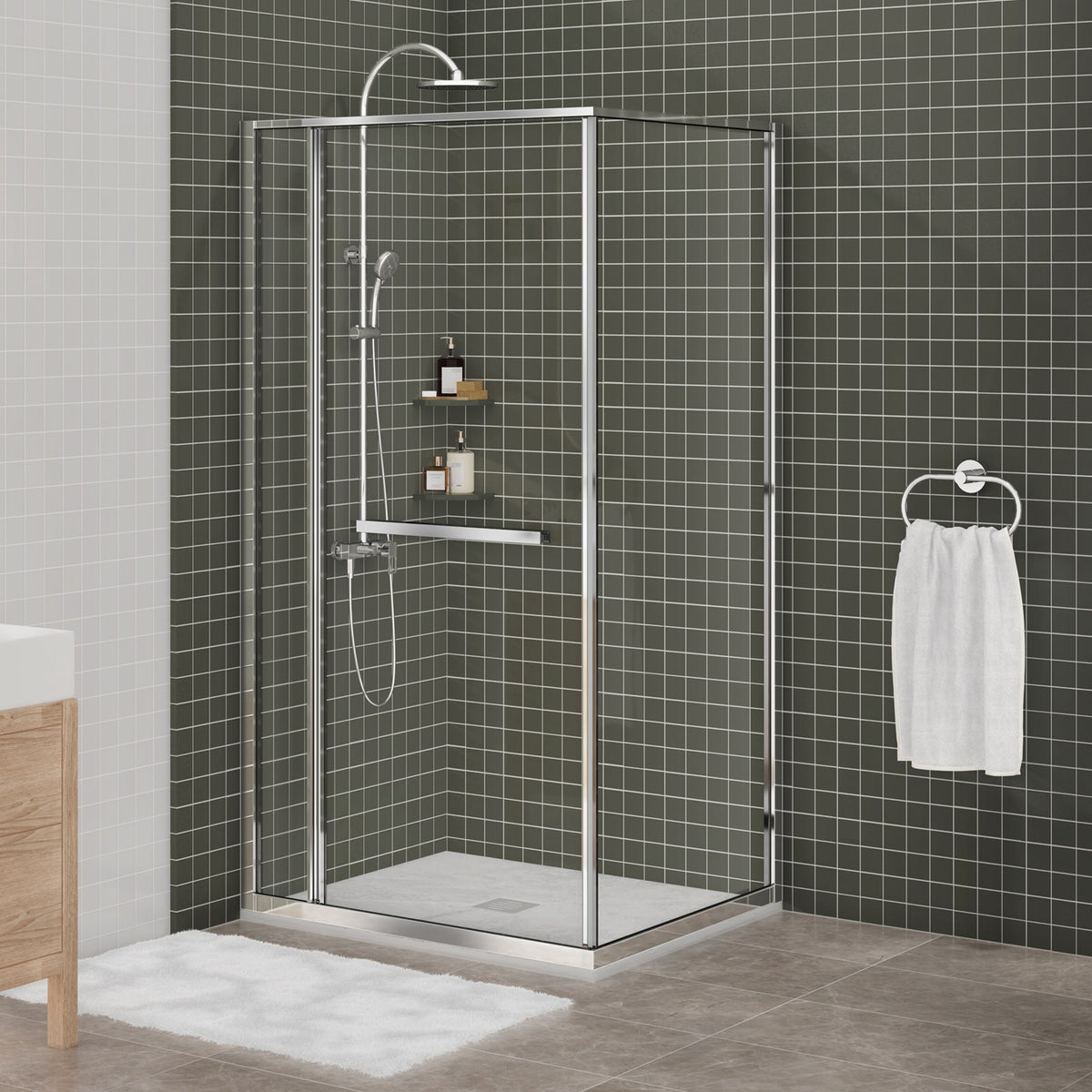 Zitta Flex 2.0 Shower door 42" x 36", in a corner, offset door on the right, in chrome DF24236NRER21