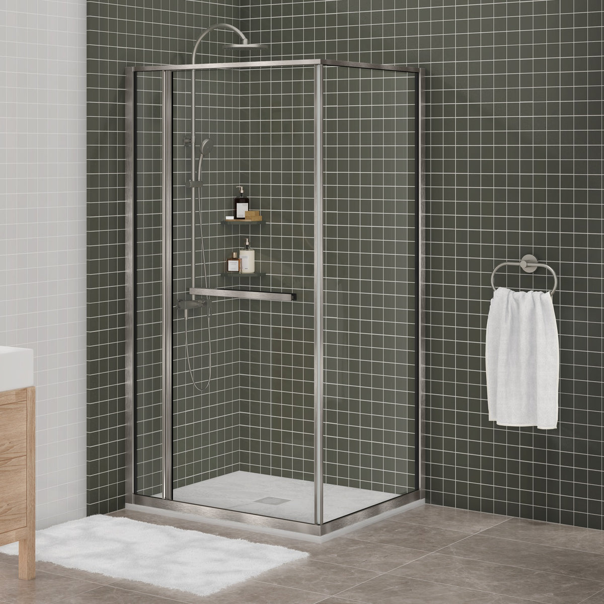 Zitta Flex 2.0 Shower door 42" x 36", in a corner, offset door on the right, in brushed nickel DF24236NRER41