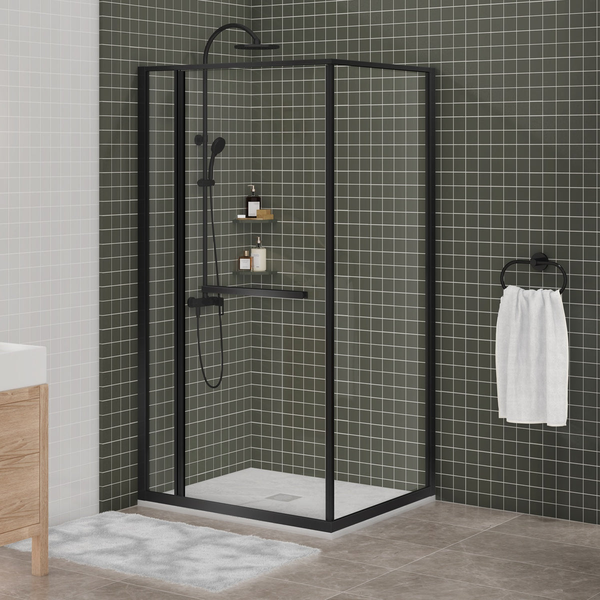 Zitta Flex 2.0 Shower door 42" x 36", in a corner, offset door on the right, in matte black DF24236NRER71