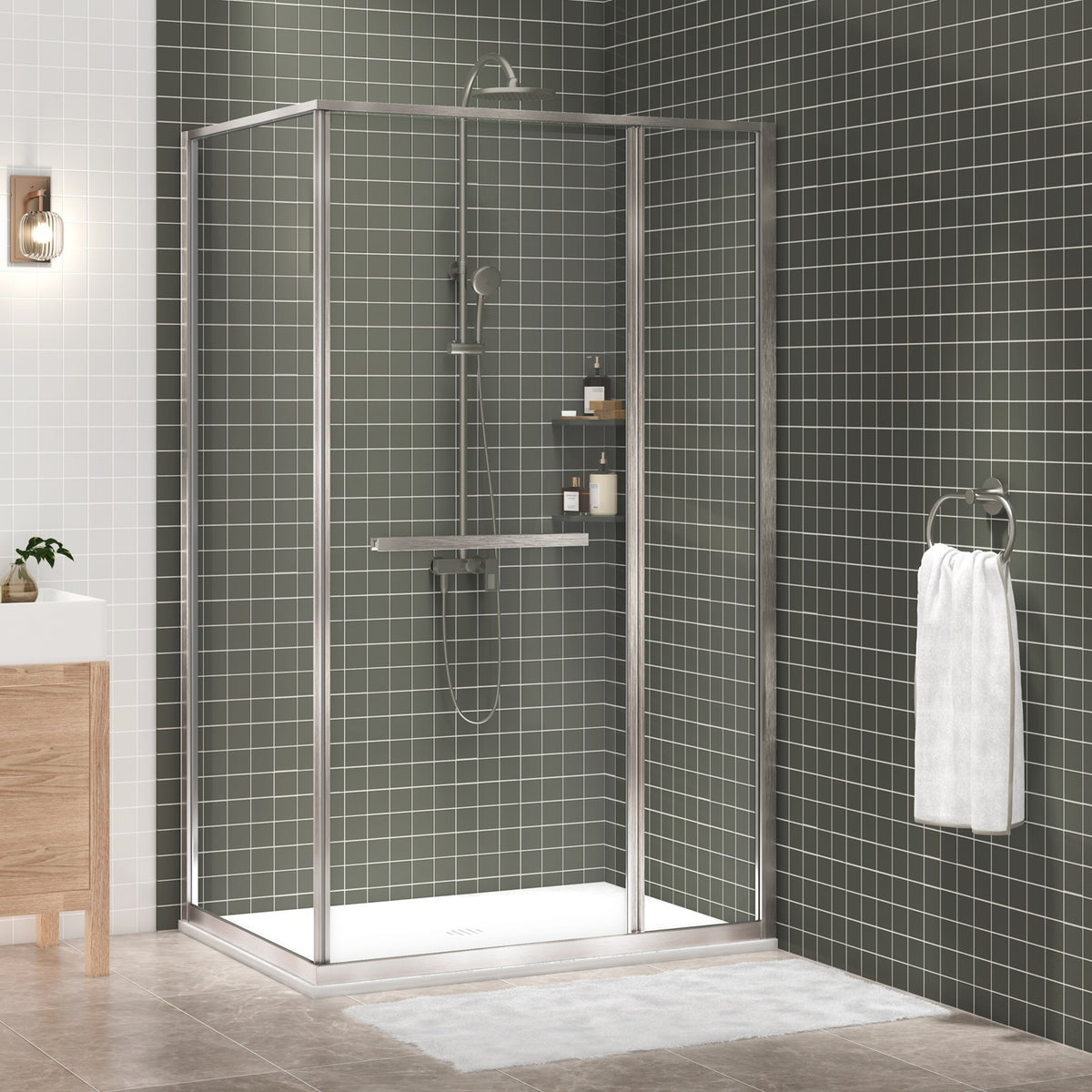 Zitta Flex 2.0 Shower door 48" x 36", in a corner, offset door on the left, in brushed nickel DF24836NREL41
