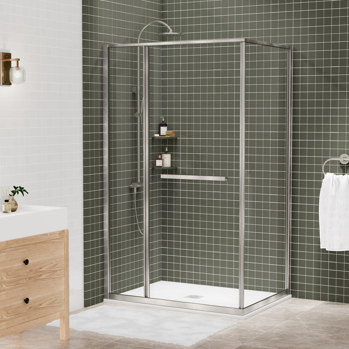Zitta Flex 2.0 Shower door 48" x 36", in a corner, offset door on the right, in brushed nickel DF24836NRER41