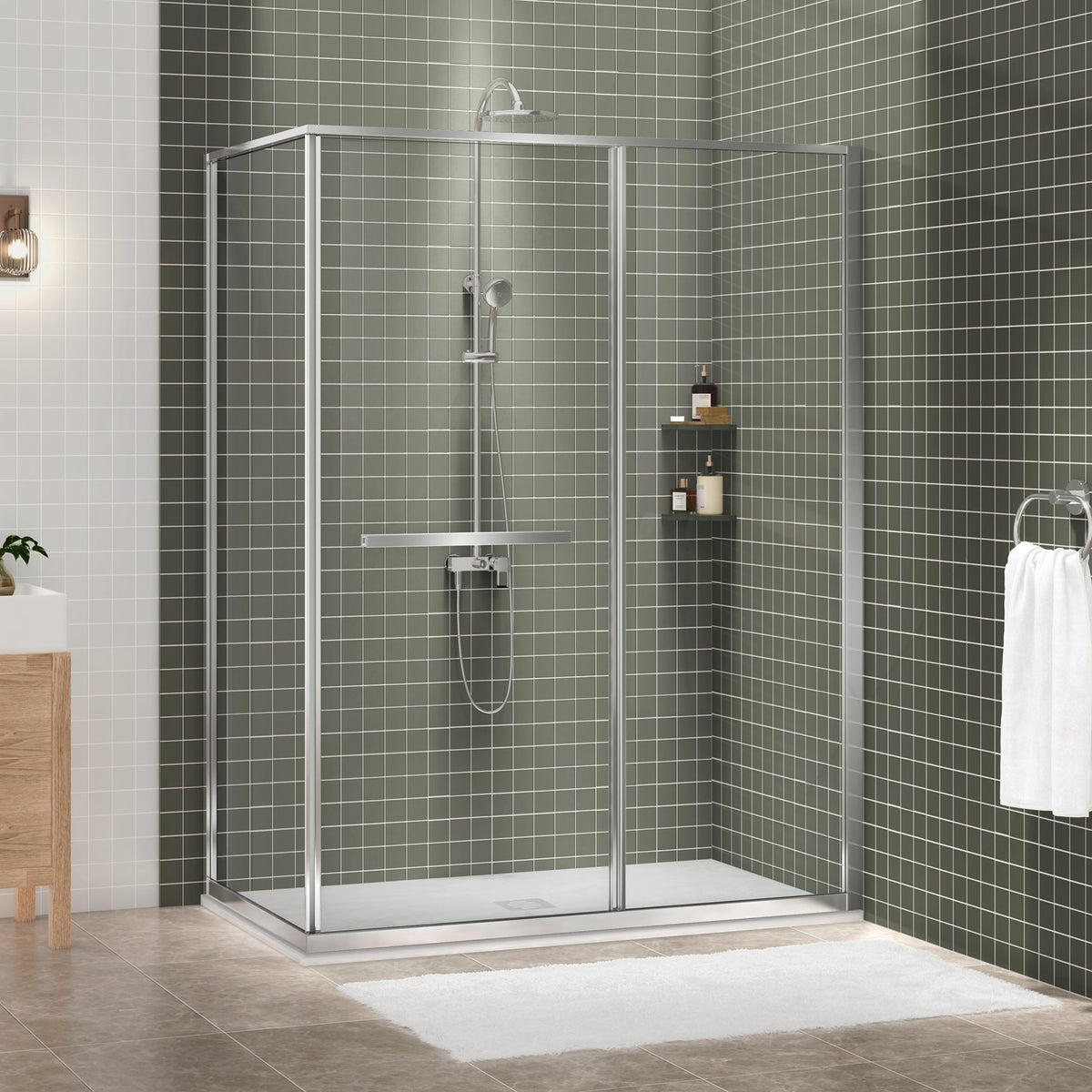 Zitta Flex 2.0 Shower door 60" x 36", in a corner, offset door on the left, in chrome DF26036NREL21