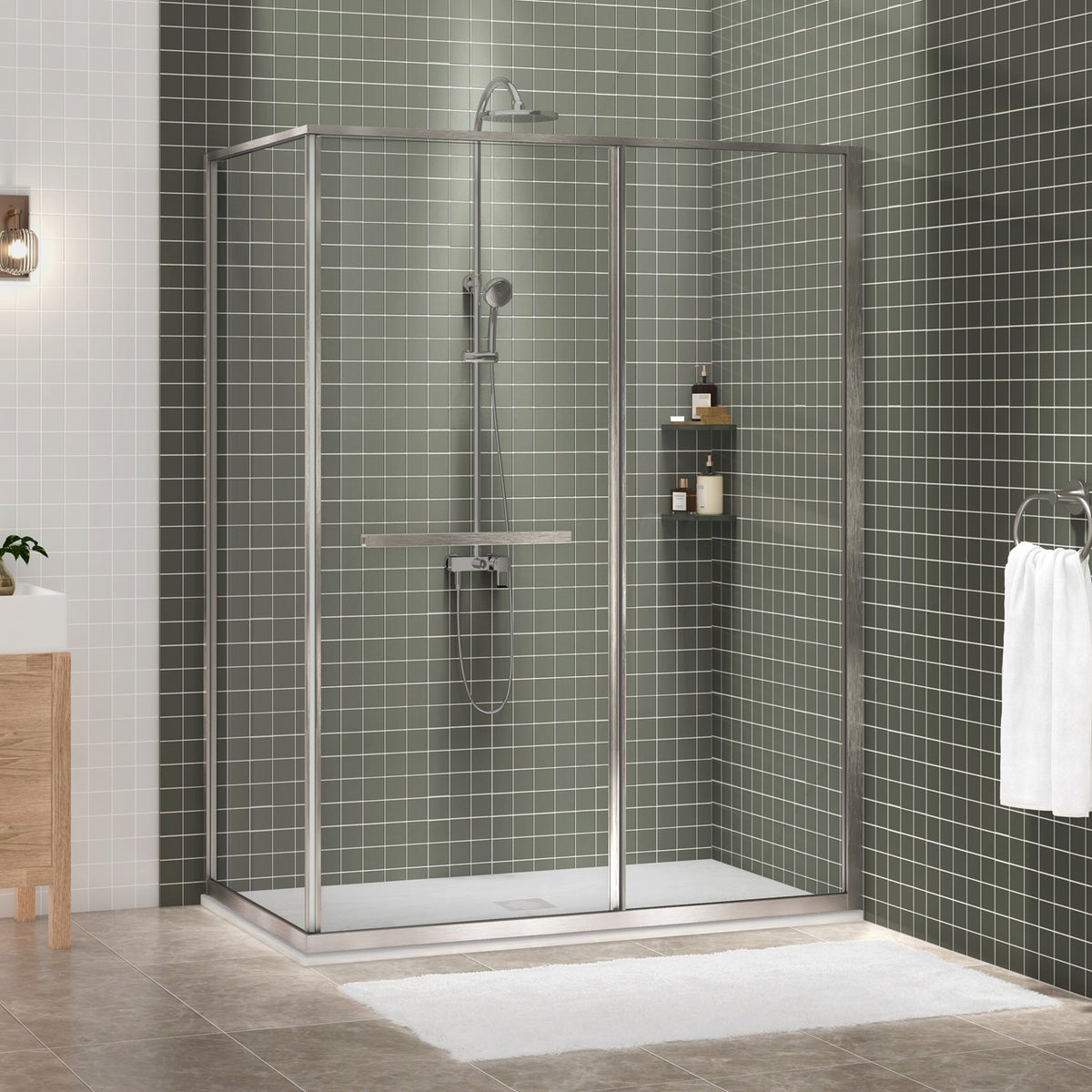 Zitta Flex 2.0 Shower door 60" x 36", in a corner, offset door on the left, in brushed nickel DF26036NREL41