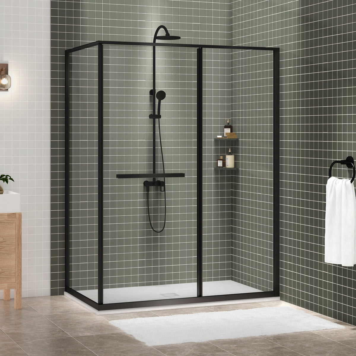 Zitta Flex 2.0 Shower door 60" x 36", in a corner, offset door on the left, in matte black DF26036NREL71