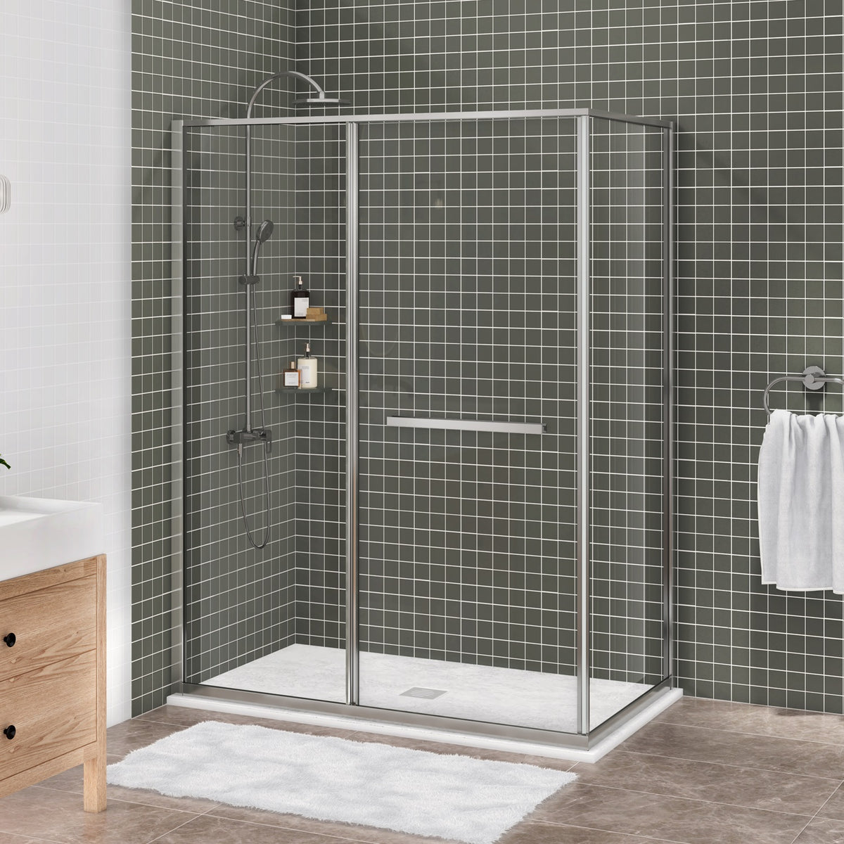 Zitta Flex 2.0 Shower door 60" x 36", in a corner, offset door on the right, in chrome DF26036NRER21