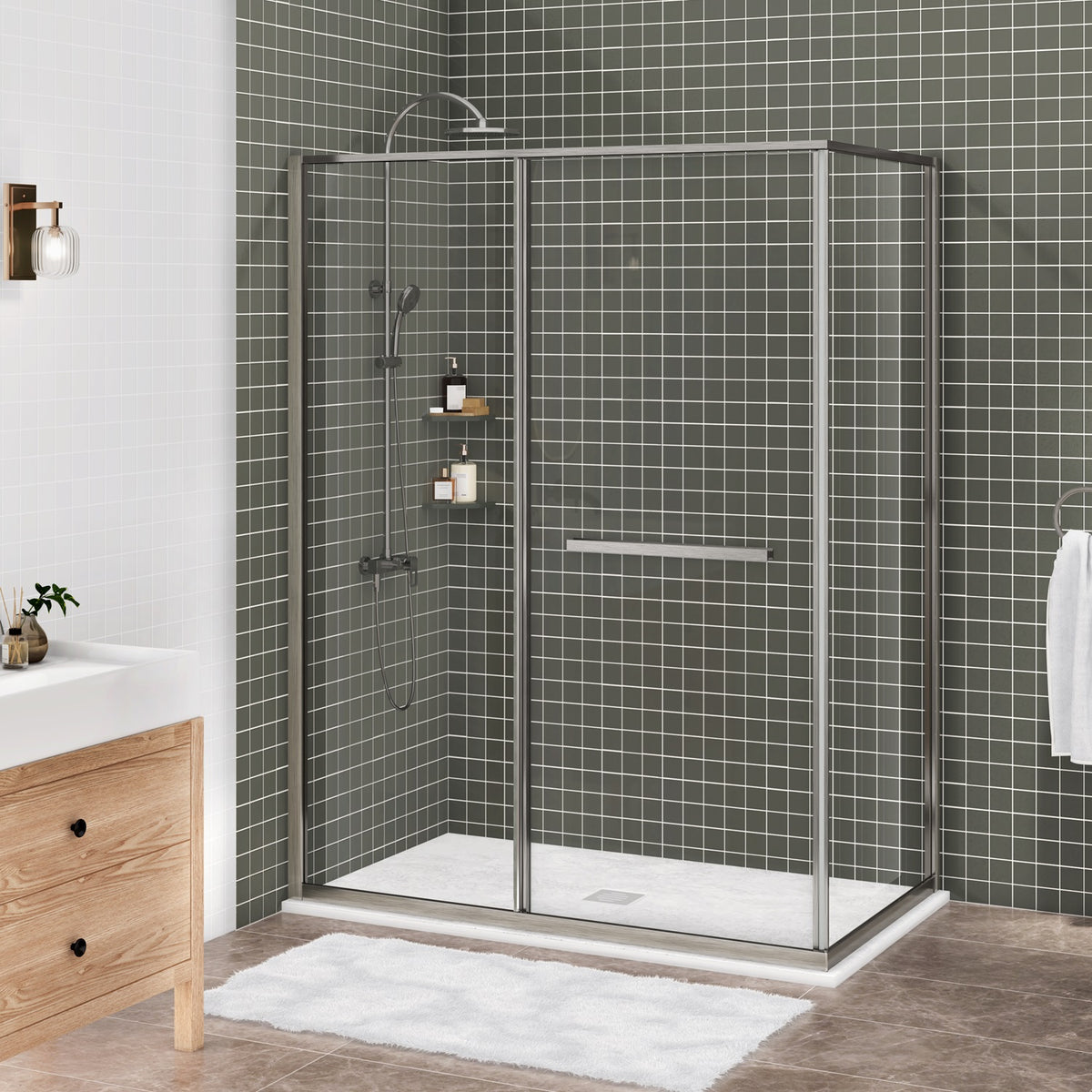 Zitta Flex 2.0 Shower door 60" x 36", in a corner, offset door on the right, in brushed nickel DF26036NRER41