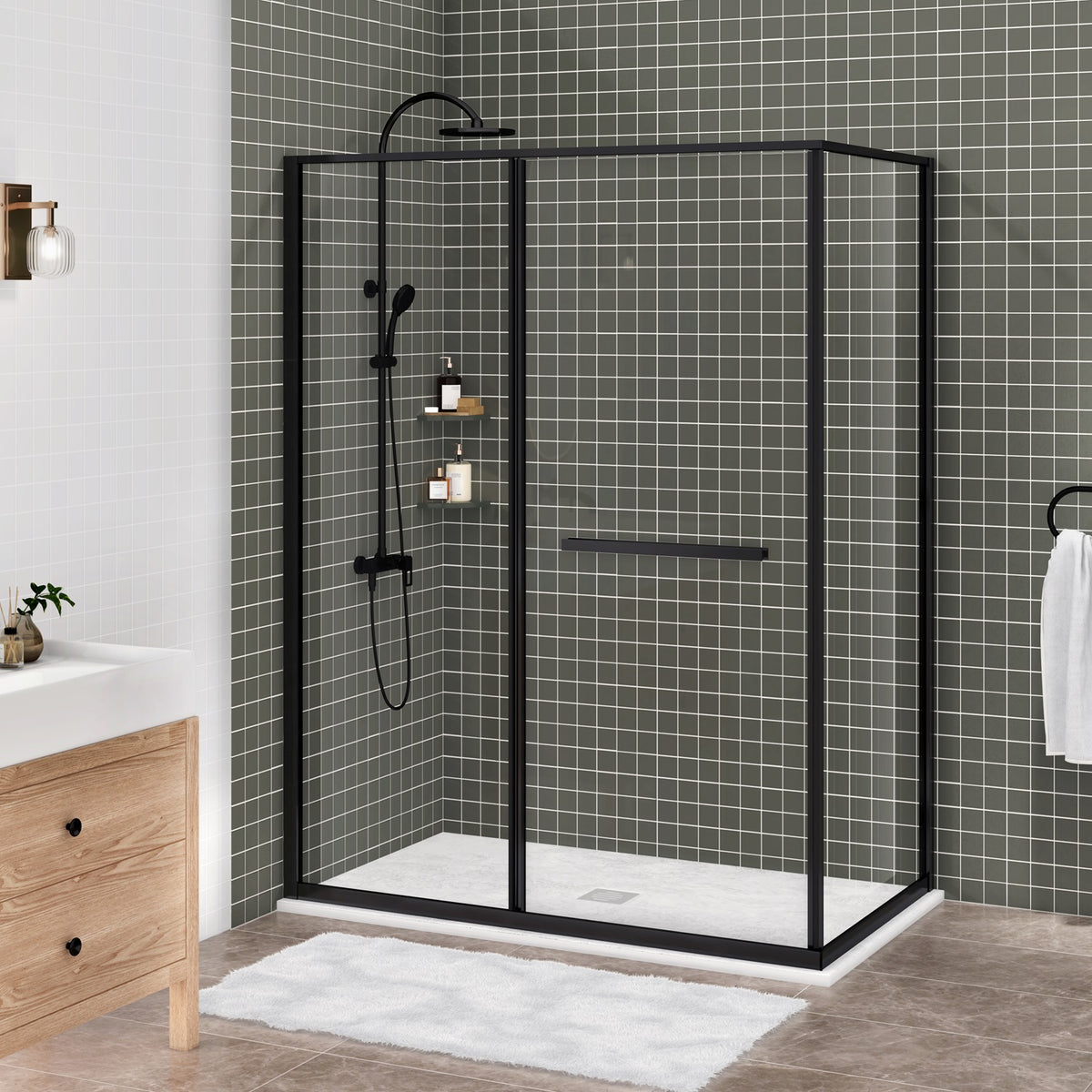 Zitta Flex 2.0 Shower door 60" x 36", in a corner, offset door on the right, in matte black DF26036NRER71