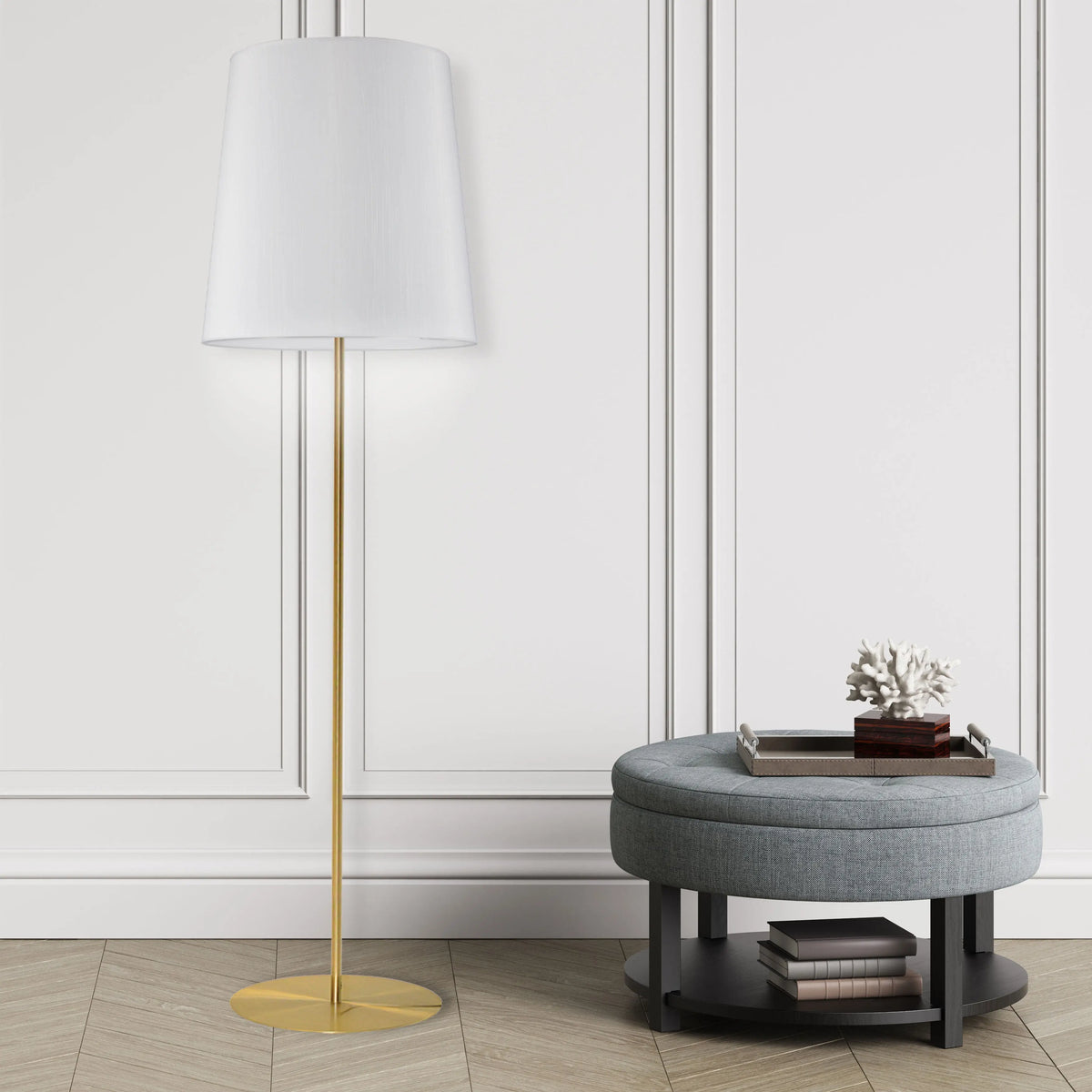 Dainolite 1 Light Aged Brass Floor Lamp w/ White Drum Shade