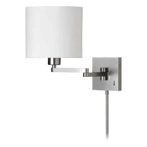 Dainolite 1 Light Cast Metal Swing Arm Lamp Satin Chrome White Drum Shade 790