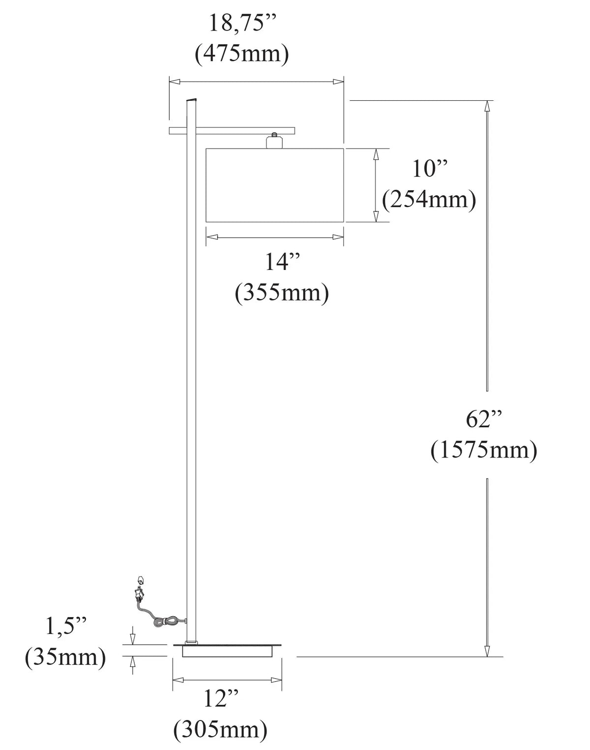 Dainolite 1 Light Floor Lamp, Satin Chrome Finish