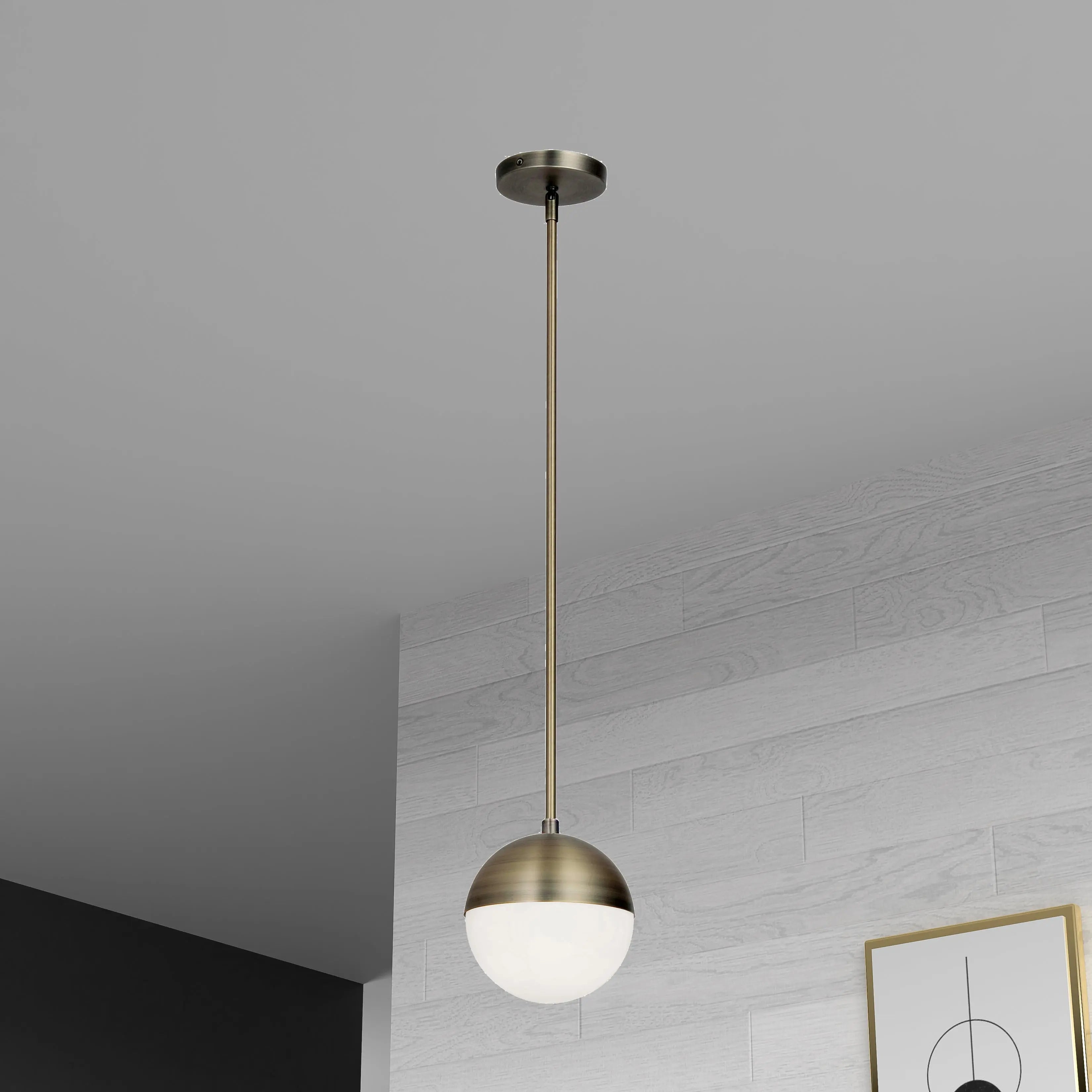 Dainolite 1 Light Halogen Pendant, Antique Brass Finish with White Glass
