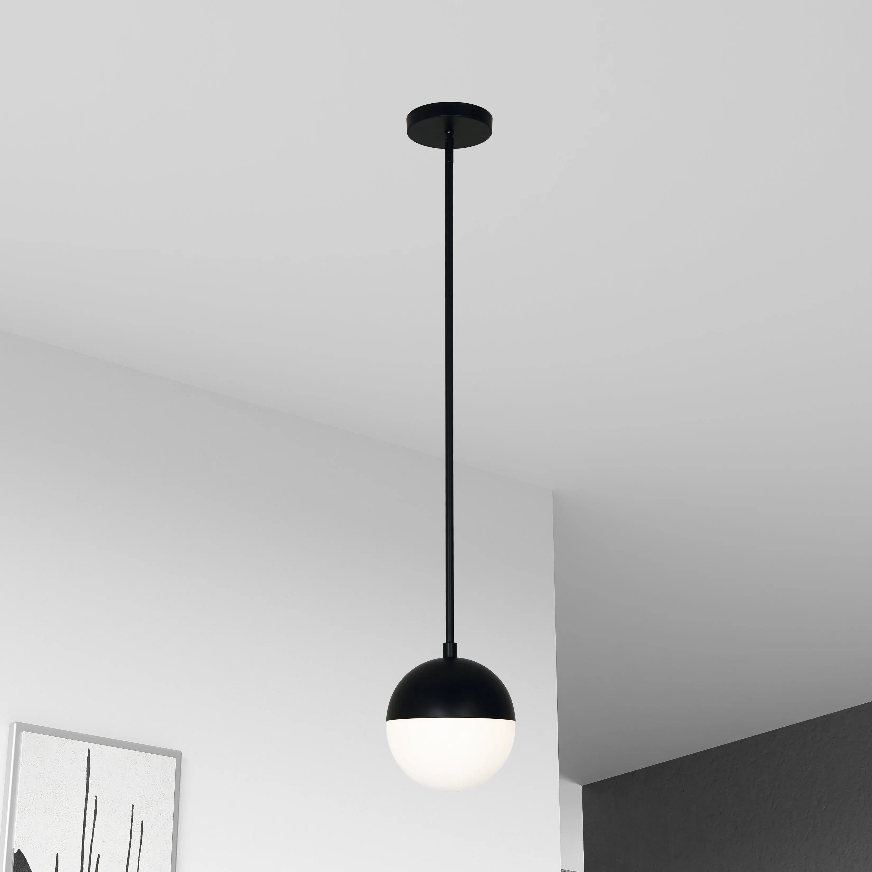 Dainolite 1 Light Halogen Pendant, Matte Black Finish with White Glass