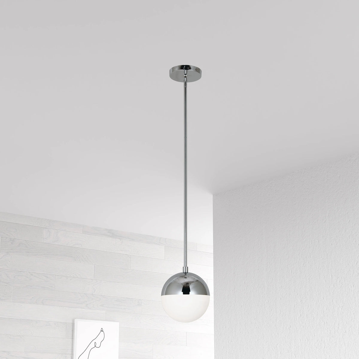 Dainolite 1 Light Halogen Pendant, Polished Chrome Finish with White Glass
