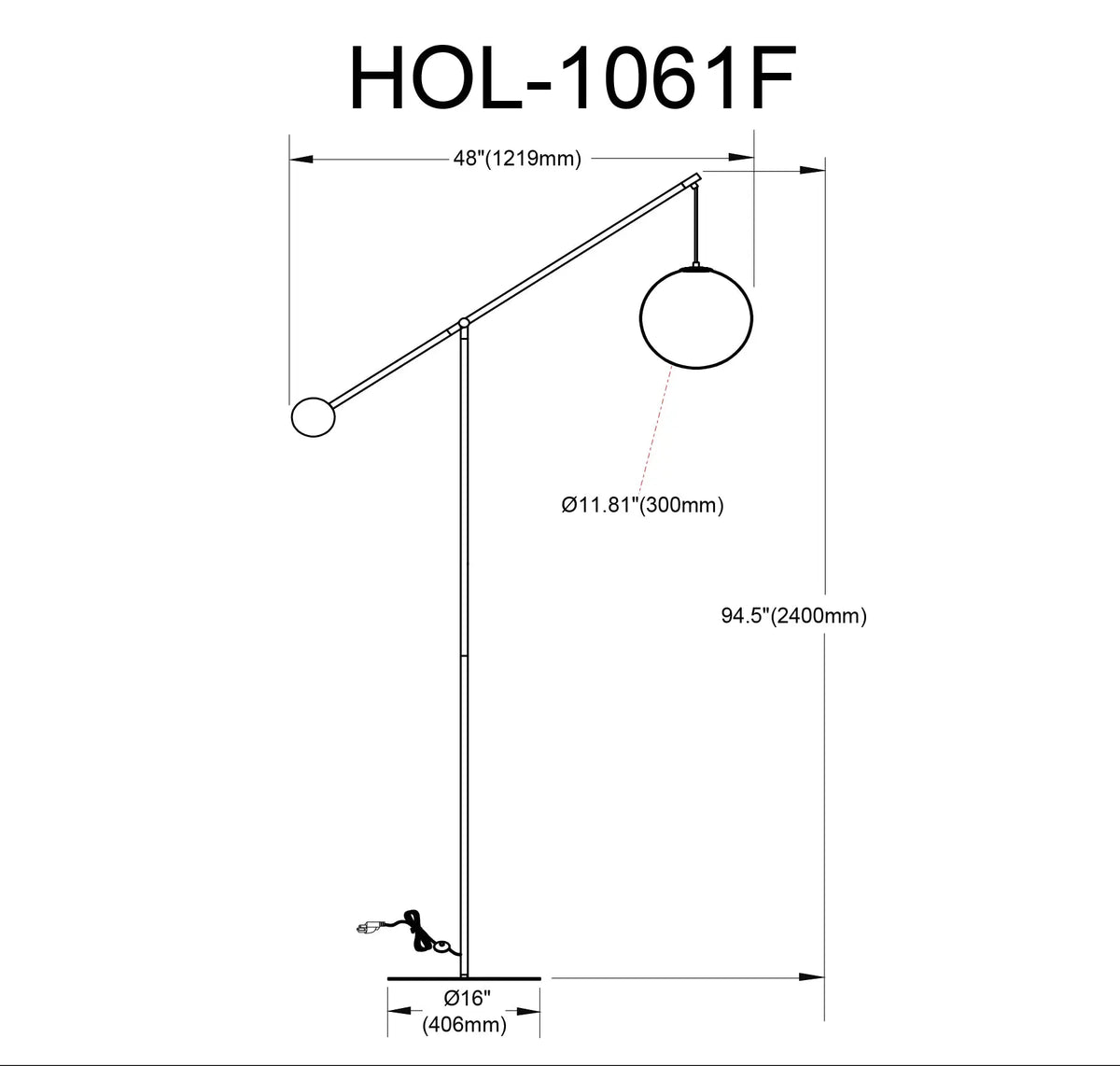 Dainolite 1 Light Incandescent Floor Lamp Matte Black with Opal Glass HOL-1061F-MB