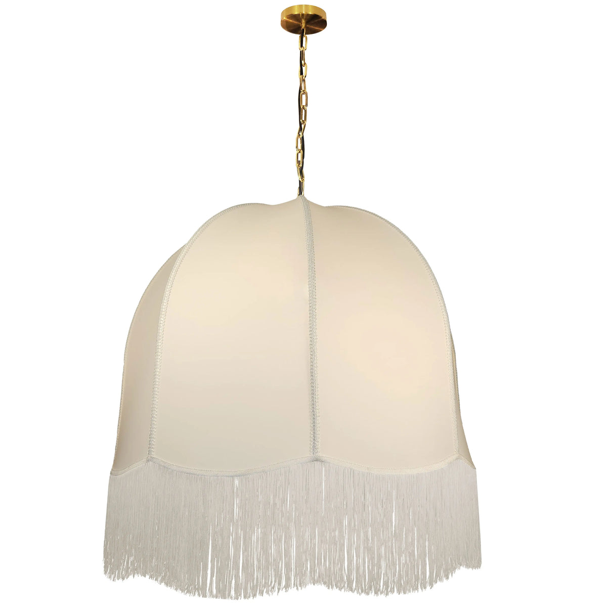 Dainolite 1 Light Incandescent Pendant, Aged Brass w/ White Fringe Shade
