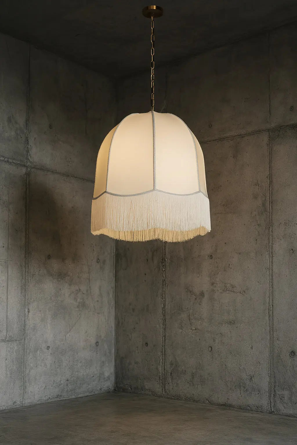 Dainolite 1 Light Incandescent Pendant, Aged Brass w/ White Fringe Shade