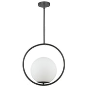 Dainolite 1 Light Incandescent Pendant, Matte Black with White Opal Glass