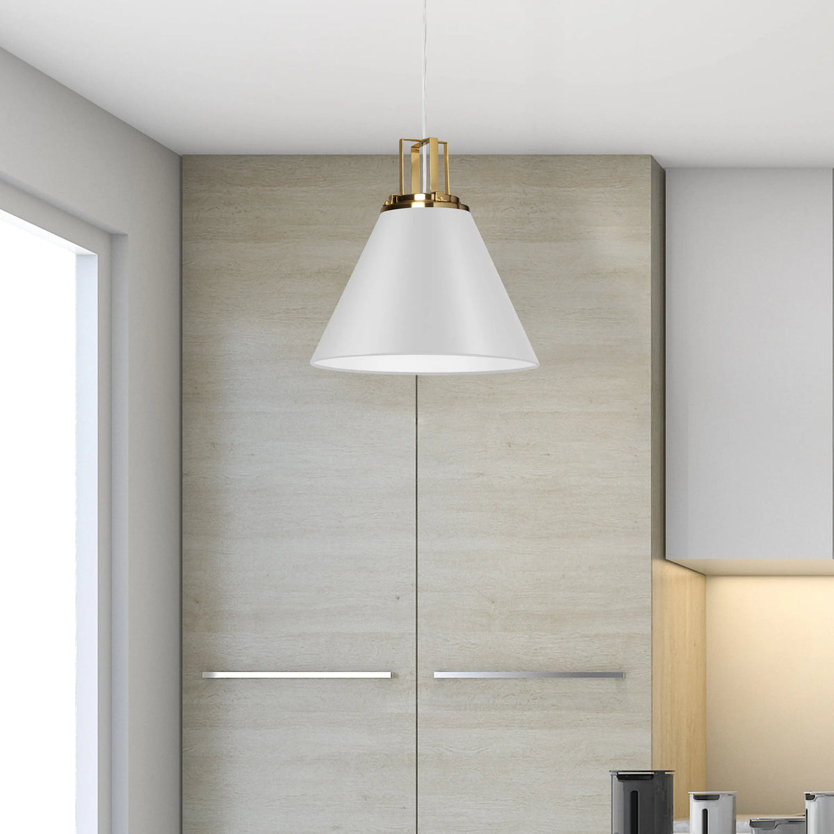 Dainolite 1 Light Incandescent Pendant, Matte White w/ Aged Brass Accent