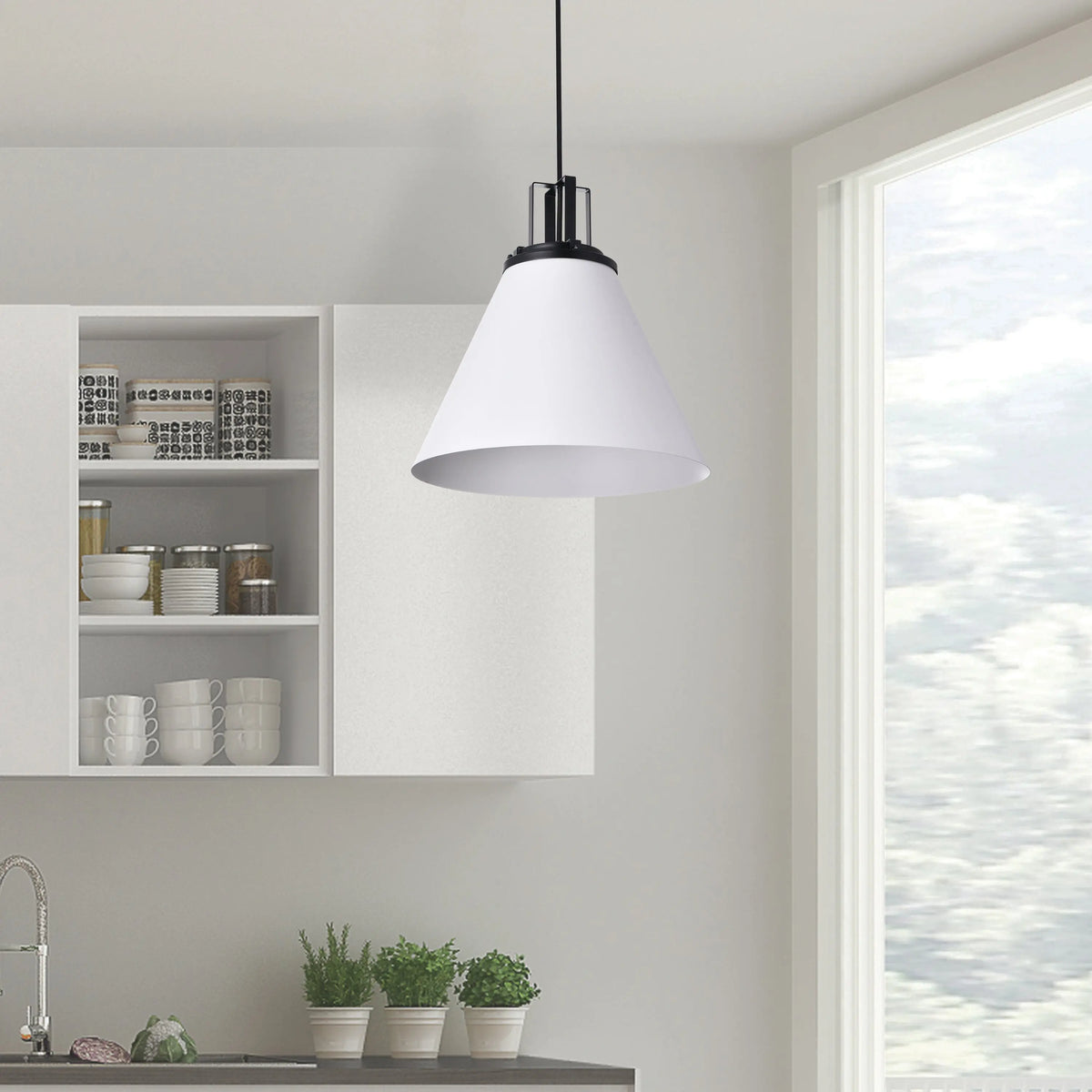Dainolite 1 Light Incandescent Pendant, Matte White with Matte Black Accent