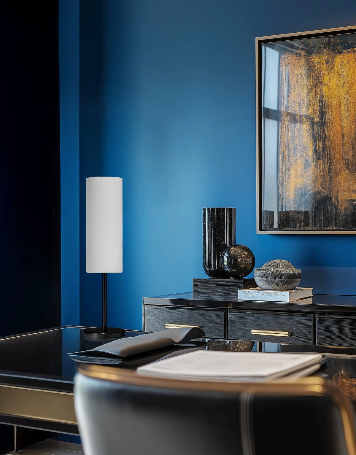 Dainolite 1 Light Incandescent Table Lamp, Matte Black with White Glass