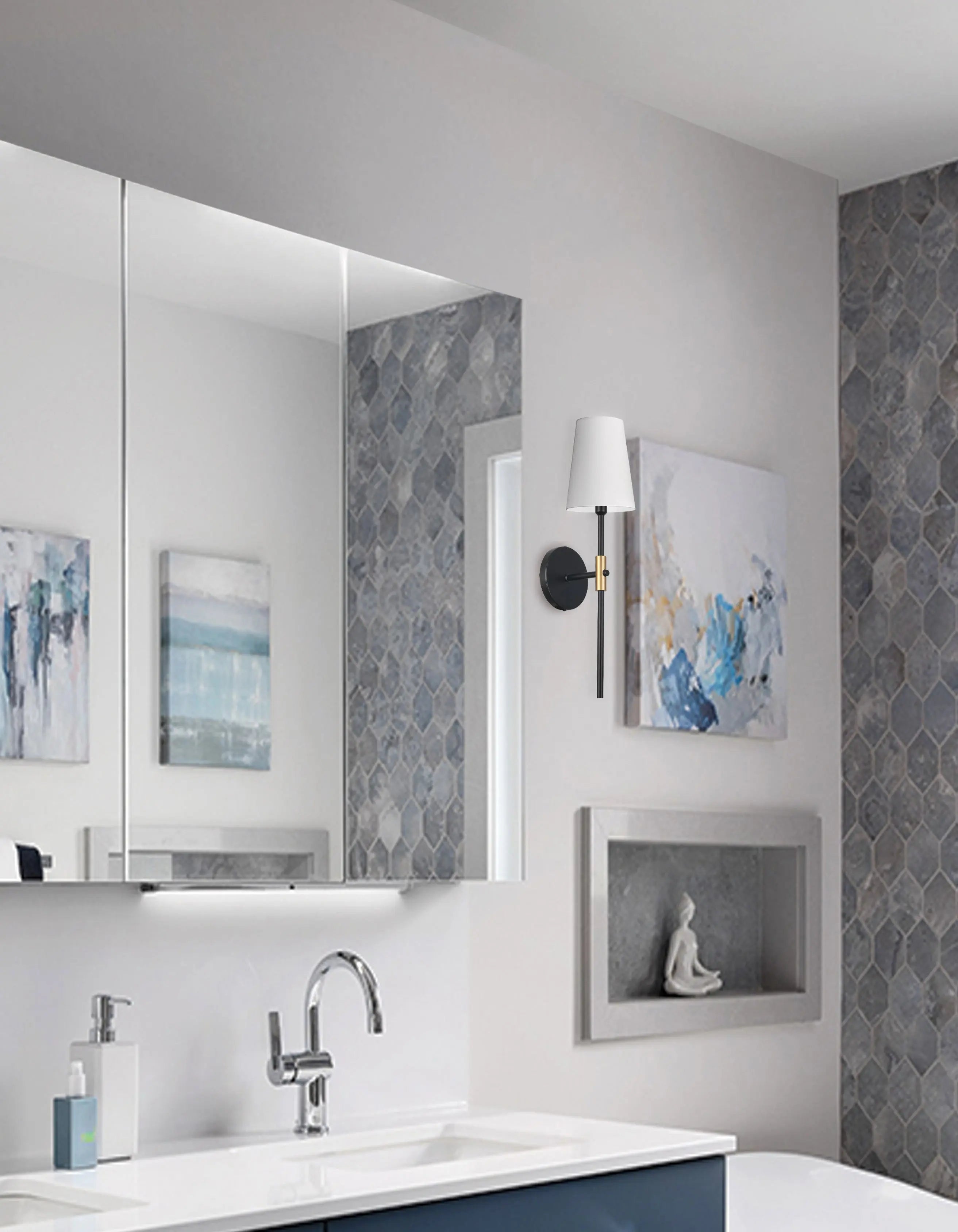 Dainolite 1 Light Incandescent Wall Sconce, Satin Chrome, Matte Black & Aged Brass with White Shade