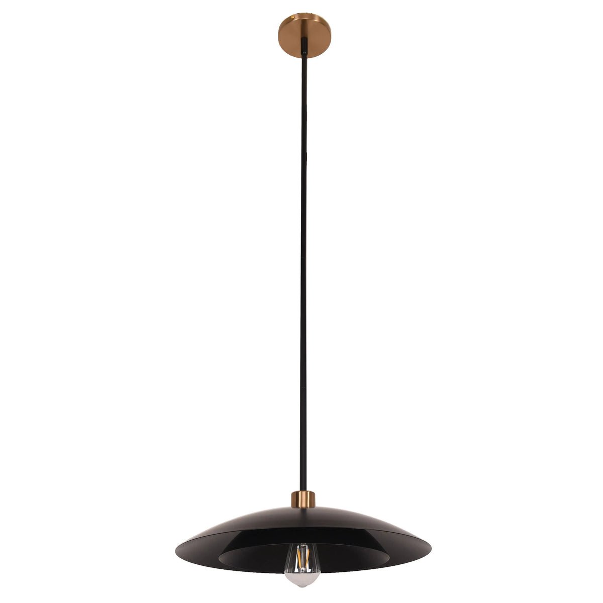 Dainolite 1 Light Pendant in Aged Brass w/ Matte Black Metal Shade